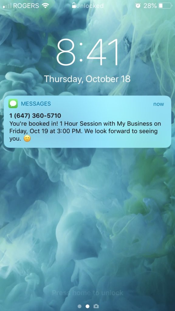 text message confirmation sent in bookedIN