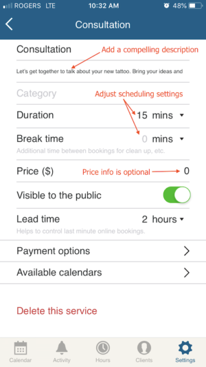 edit service information on scheduling app