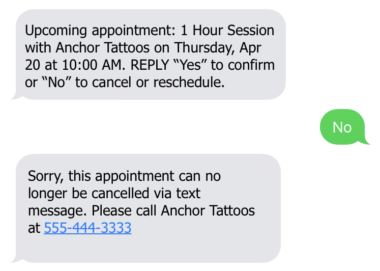 appointment cancelled by text message policy window expired