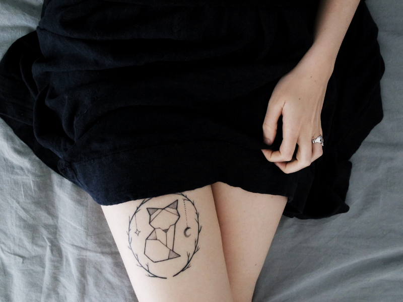 close up of a womans fox tattoo on her leg