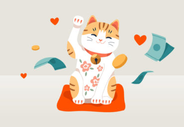 A happy cat waving while sitting on an orange blanket. Money and hearts surround it