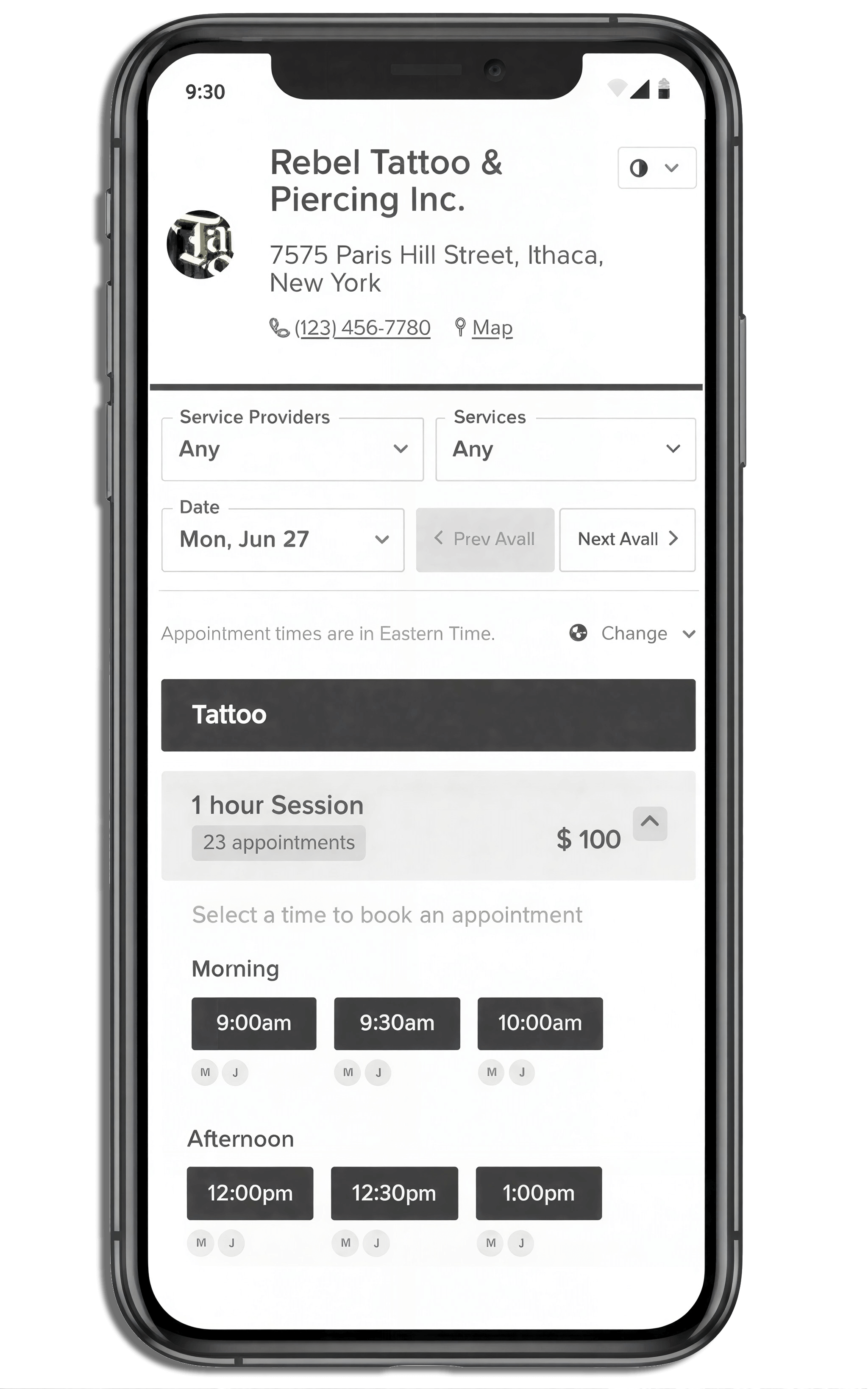 Tattoo scheduling mobile view