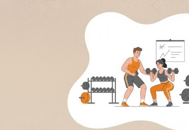 Personal trainer coaching a client through a dumbbell exercise in a bright gym