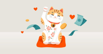 A happy cat waving while sitting on an orange blanket. Money and hearts surround it